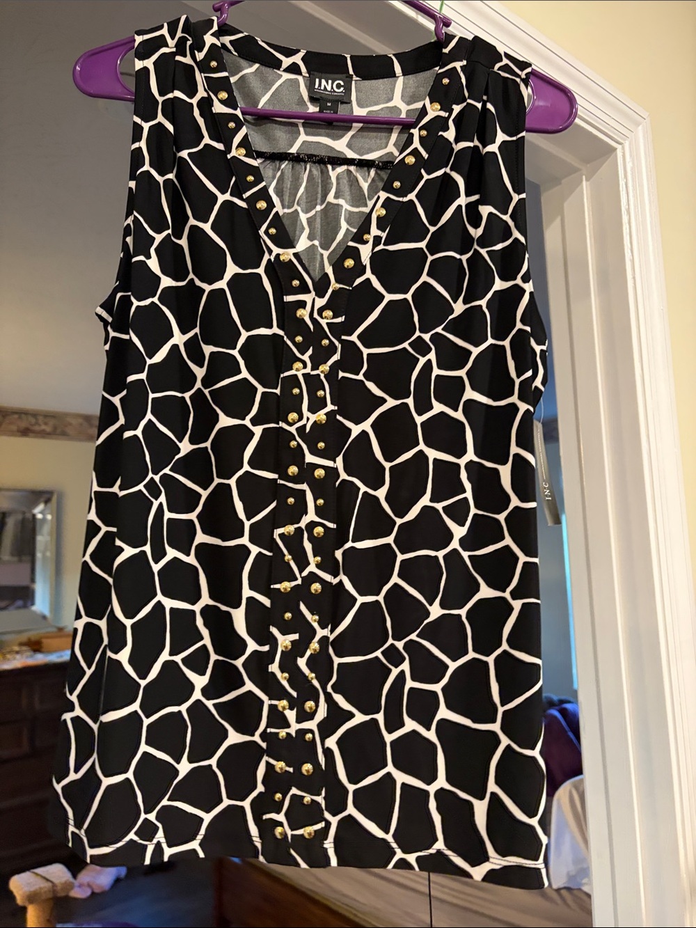 INC International Concepts Black and White Stud-Trim V-Neck Camisole
